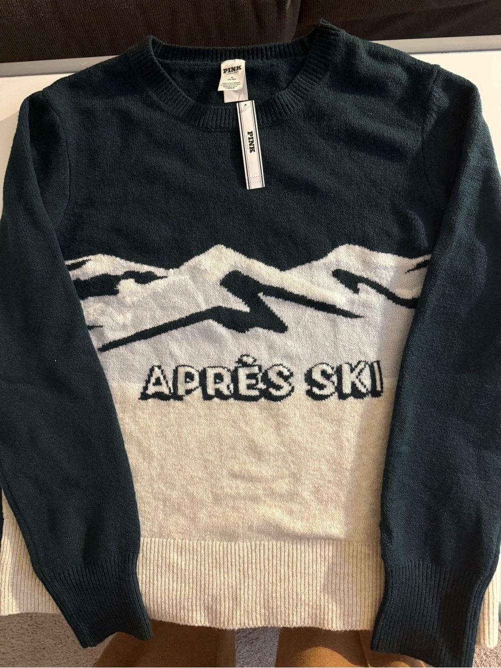 PINK Victoria's Secret Green and Cream 'APRÈS SKI' Graphic Crewneck Sweater